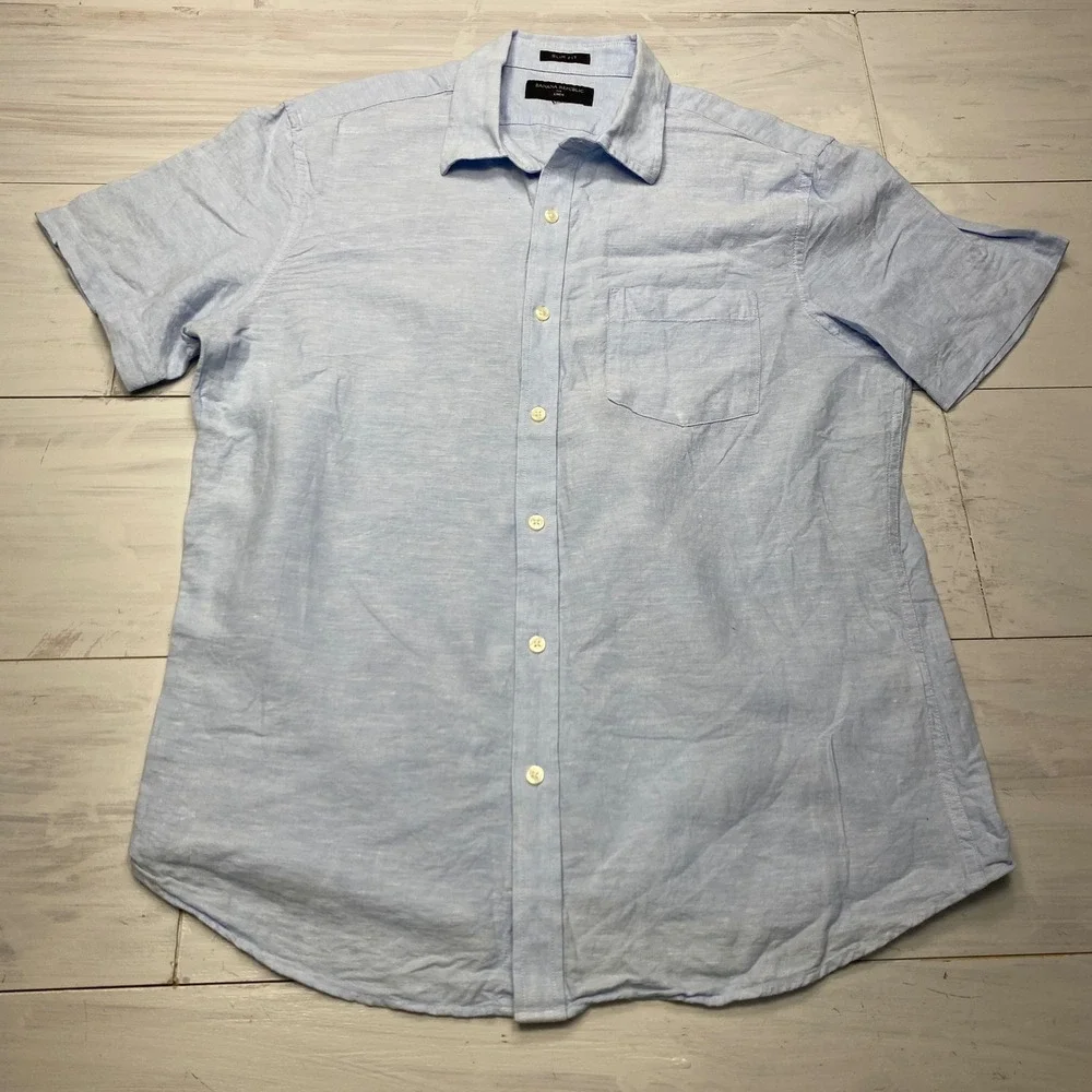 Banana Republic Linen Shirt Mens Large Blue Slim Fit Short Sleeve Button Down